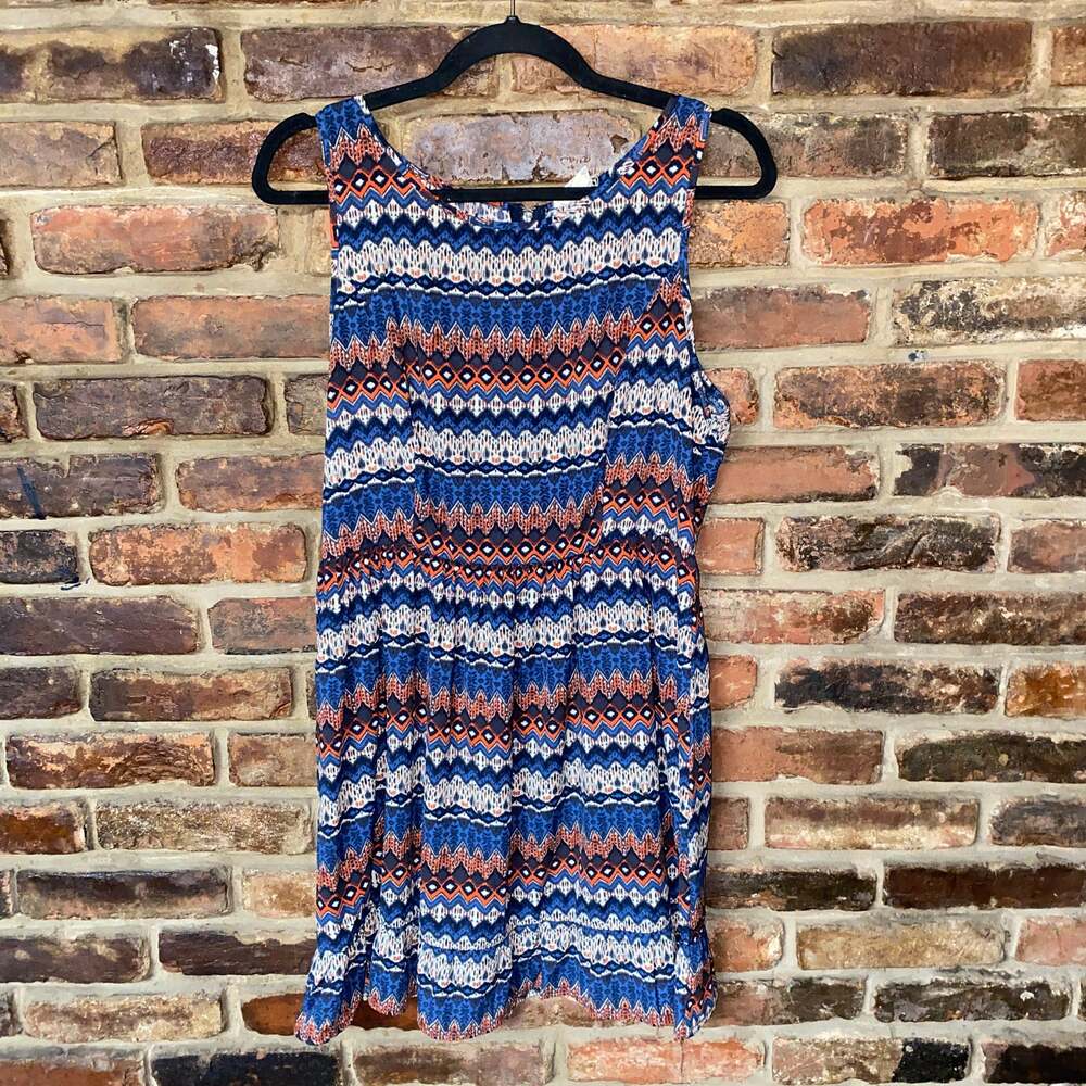 One Clothing Blue White Orange Printed Sleeveless Mini Dress Women's Size Large